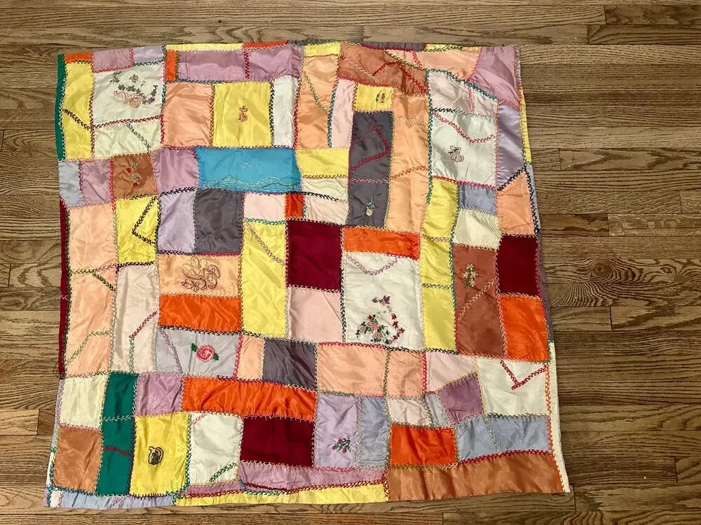 VINTAGE MIDCENTURY MODERN HANDMADE SATIN CRAZY QUILT THROW